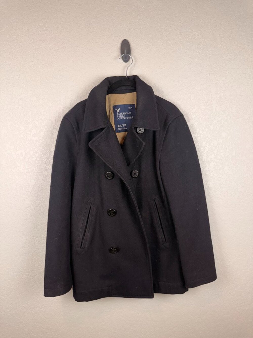 American Eagle Black Double-Breasted Peacoat Quilted Lining Men’s XS